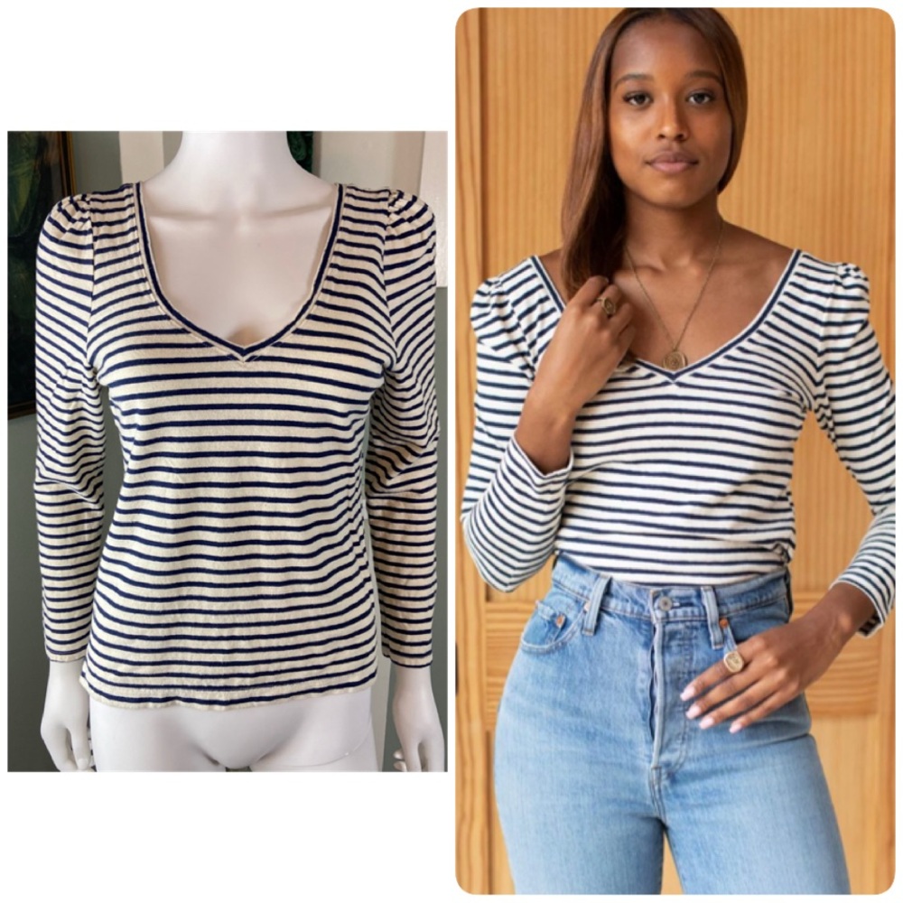 Emerson Fry Puff Sleeve Striped V-Neck Long Sleeve Top Organic Cotton Hemp M